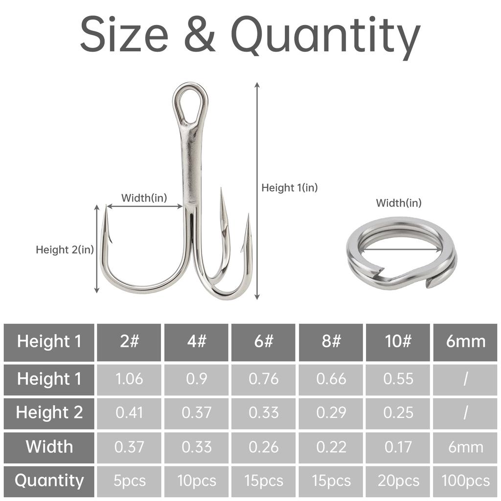 165pcs High Carbon Steel Barbed Treble Hooks Connector Circle Set Assorted Sizes 2#-10# with Storage Box