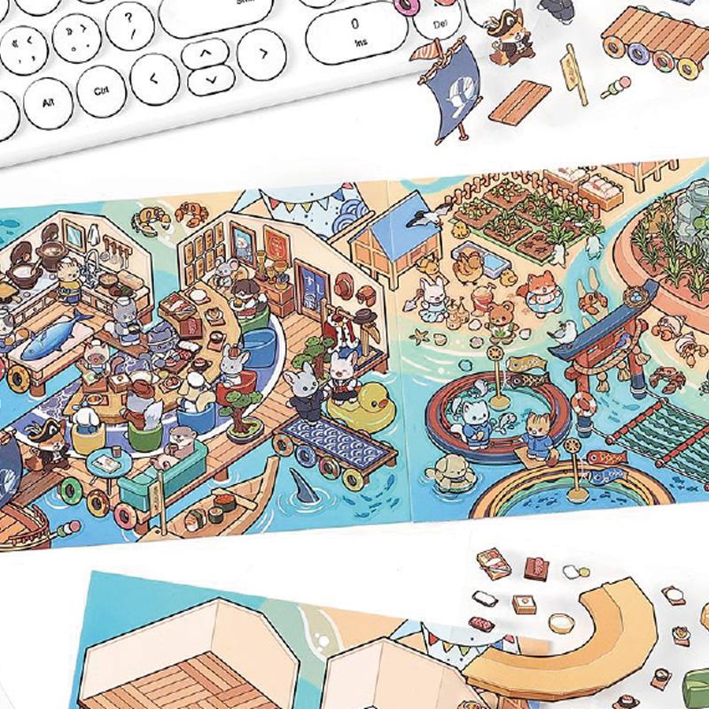 3Sheets/Bag Sticker Pack Kawaii Shop PET 2.5D Scenery Sticker For Scrapbook Journal Planner DIY Stationery Phone Case Decoration