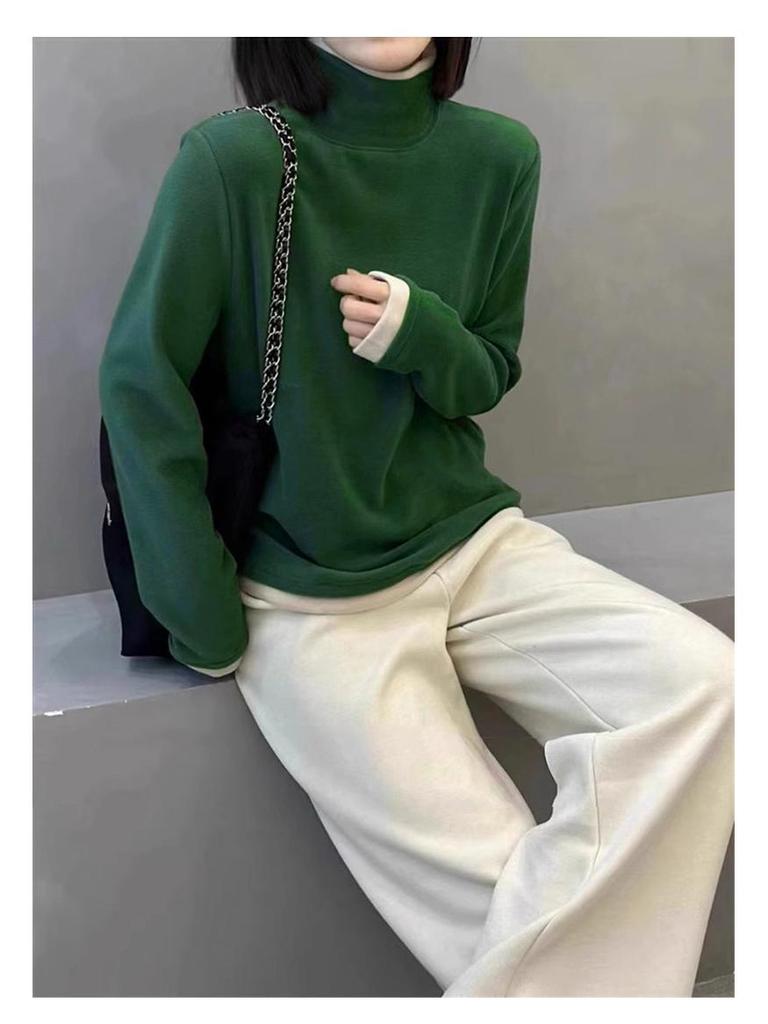 Slimming Long-Sleeve Velvet High-Neck Shirt for Women with Skin-Brightening Design