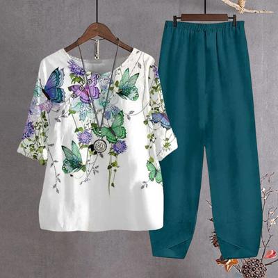 Women T-shirt Pants Set Homewear Outfit Floral Print Round Neck Half Sleeve Top Wide