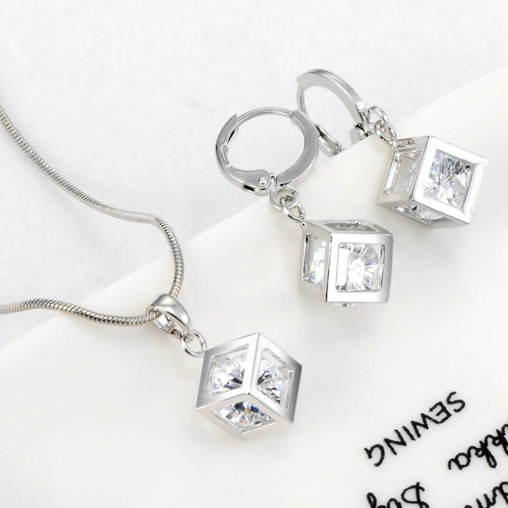 2pcs Set Fashion Personality Silver Color Cube Zircon Crystal Pendant Necklace Earrings for Women Stainless Steel Jewelry Sets
