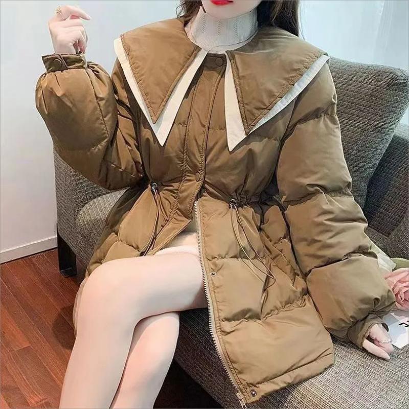 

2026 New Autumn Winter Parkas Down Cotton-Padded Jacket Women Fashion Zipper Doll Collar Warm Outerwear Ladies Clothing L