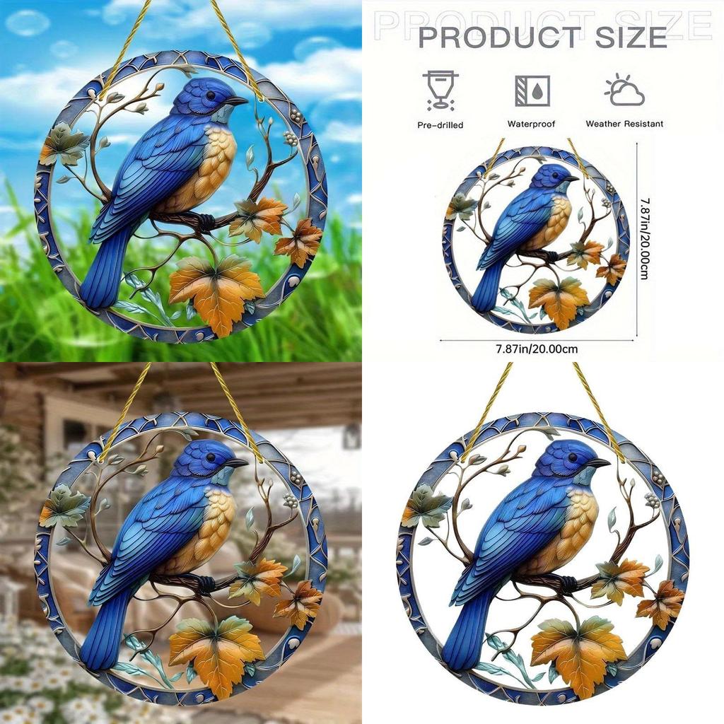 Simulated Blue Bird Branch Pattern Circular Acrylic Pendant For Garden Outdoor Decor