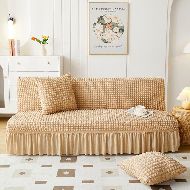 Stretch Slipcover for Armless Sofa Bed Seersucker Fabric Elastic and Washable with Skirt Easy Installation
