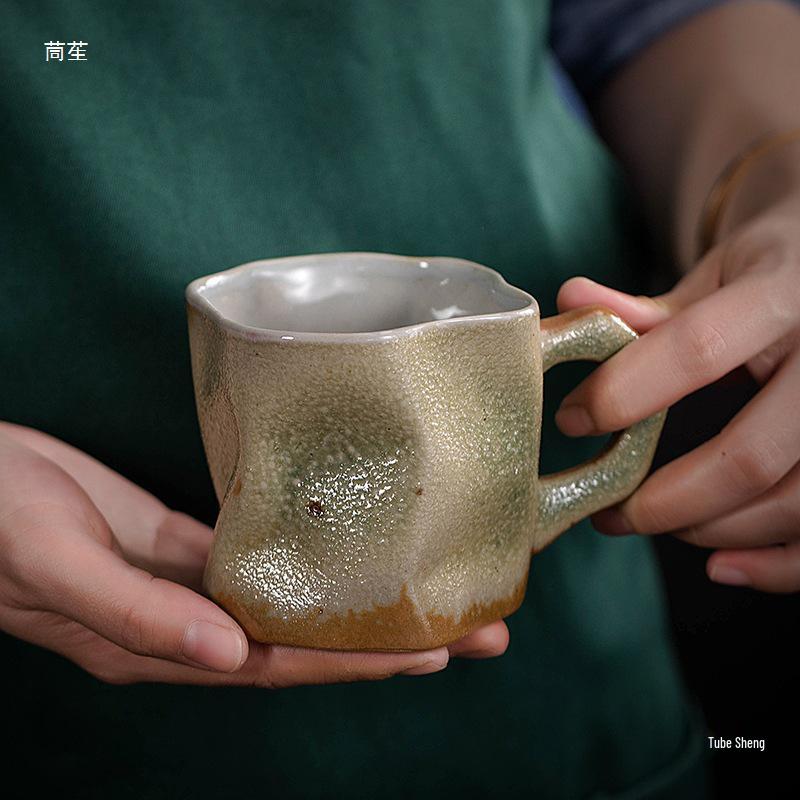 Retro Handmade Kiln-Fired Coarse Pottery Coffee Mug - Odd-Shaped Japanese Ceramic Cup