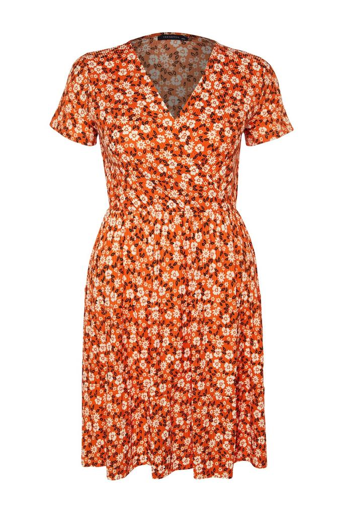 Damen Stil Übergröße Orange V-Ausschnitt Strickkleid mit Blumenmuster