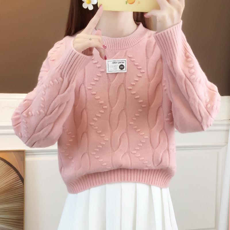 Women's Crew Neck Sweater Autumn and Winter Warm Cable Knit Sweater Loose Thick Knit Pullover Sweater