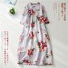 Japanese original literary and retro cotton and linen dress loose printing Chinese diagonal placket improved cheongsam long dress pomegranate red
