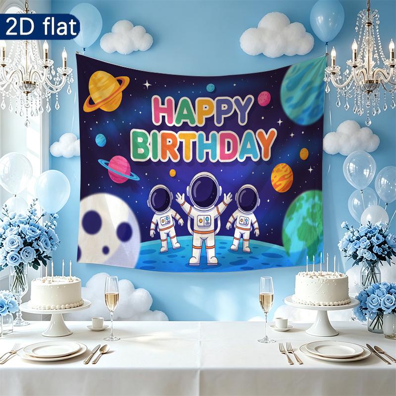 Birthday Party Space Planets Banner, Multicolor Polyester Backdrop for Wall Hanging Decor