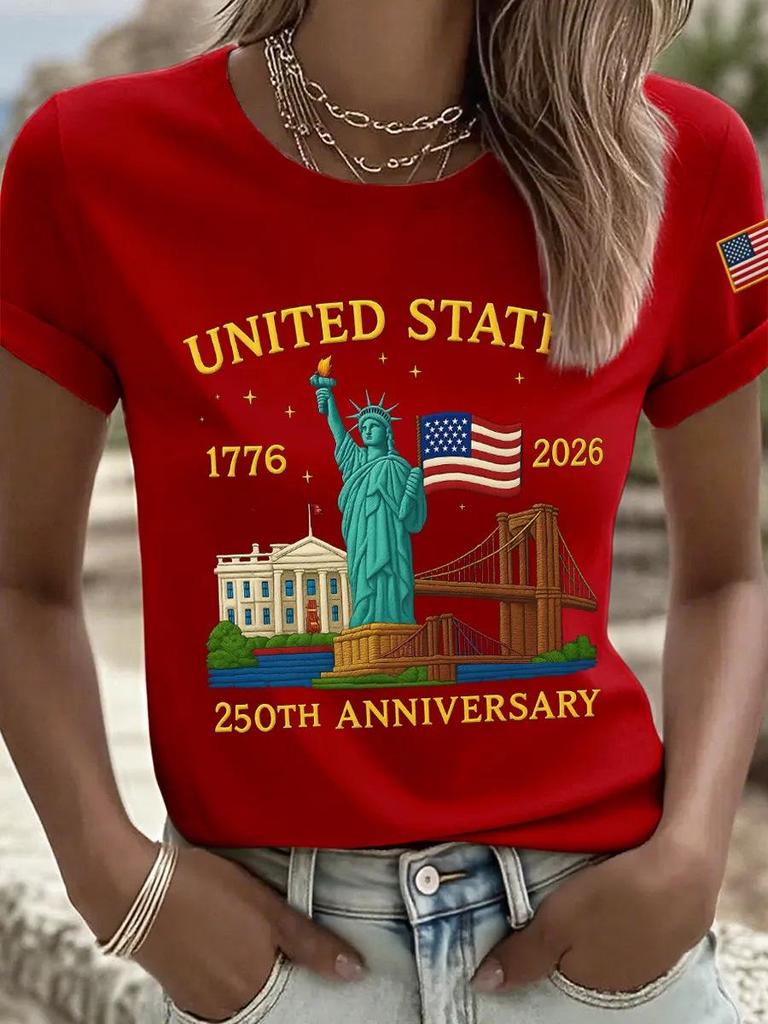 Women's 250th Anniversary Independence Day Digital Print T-shirt – Short Sleeve, Casual European & American Style