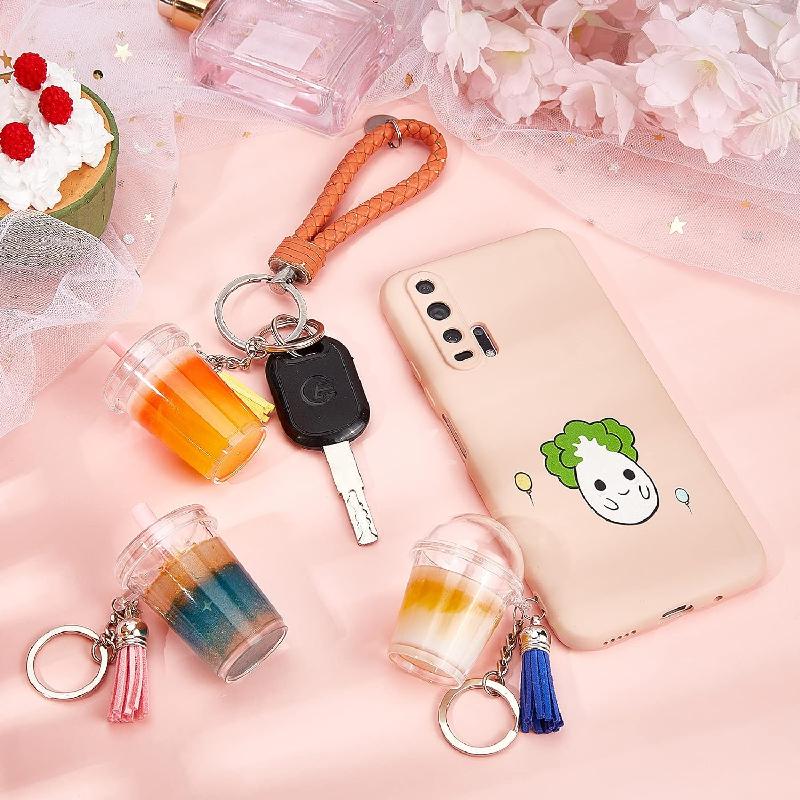 100Pcs Mini Milky Tea Key Chain Accessories Bubble Tea Cream Casting Kit Mini Cup Pendant with Key Ring Tassels Bubbles Straws