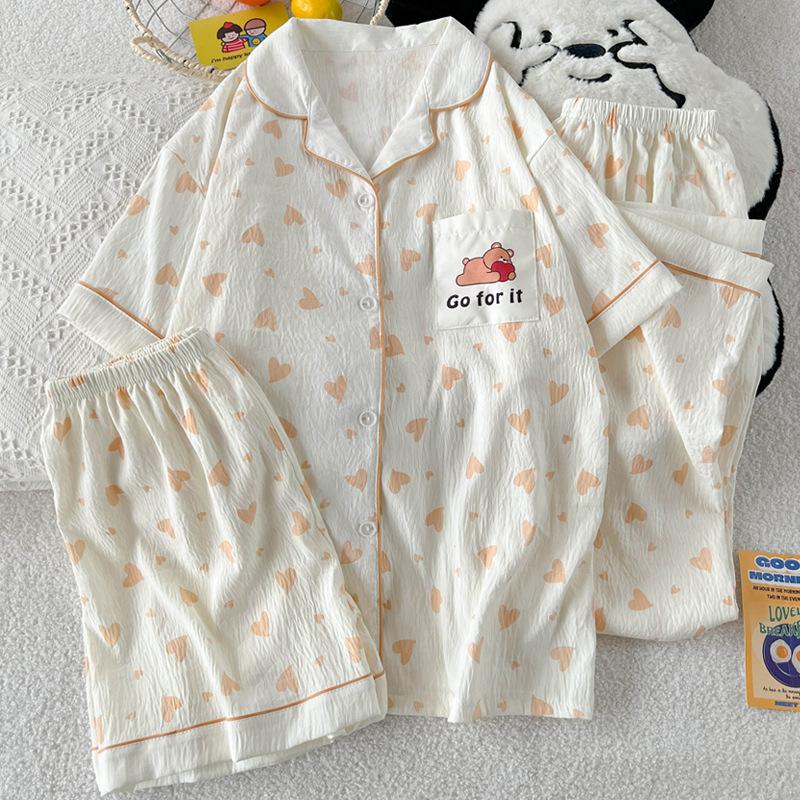 Simple Love Cartoon Cloud Cotton Pajamas Women'S Summer Loungewear Short-Sleeved Three-Piece Set