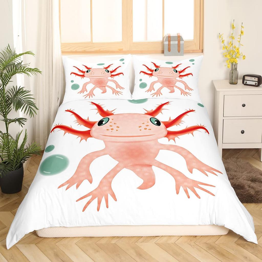 Cartoon Axolotl Duvet Cover Set King/Queen Size Kids Girls Boys Cute Rainbow Sea Wildlife Animal Reptile Bedding Set