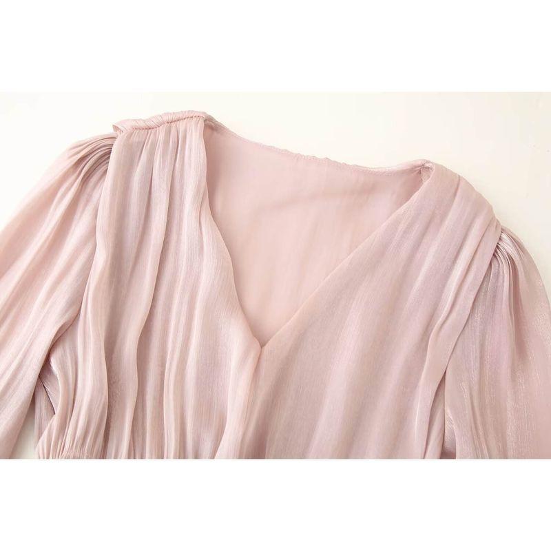 Kaslead New Women clothes Western Style Simple V-neck Bell Sleeve Waist Hugging Ribbon Dress