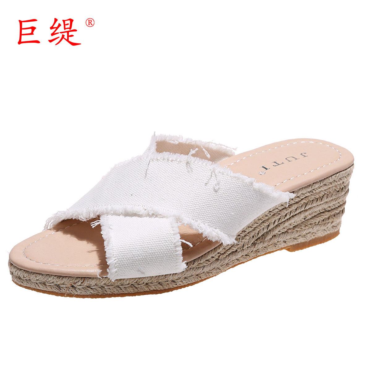 

Perennial model 2025 summer new wish Amazon independent station eaby foreign trade large size wedge hemp rope women s shoes 35 білий
