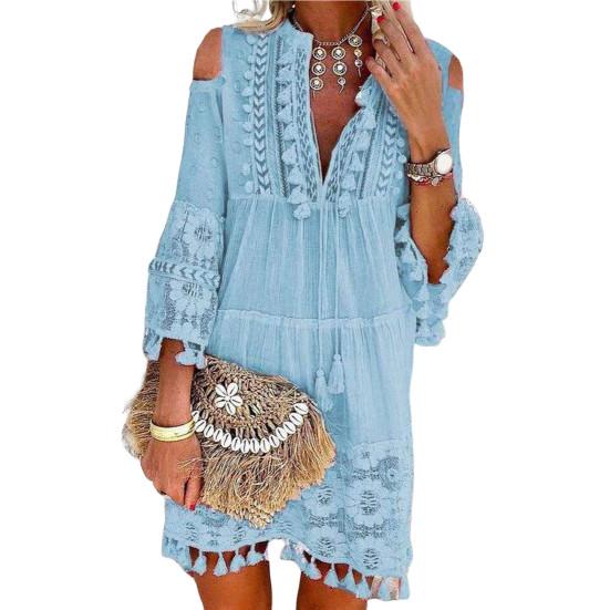 

Платье бохо с V-образным вырезом, рукавами 3/4, открытыми плечами, шнуровкой спереди, высокой талией, ретро цветочным принтом, повседневной бахромой, А-силуэта, свободного кроя, женская одежда L светло-синий