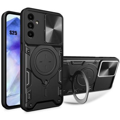 Etui na Samsunga Galaxy S25, Sztywne Wstrząsoodporne z Pierścieniem Podpórką i Ochroną Obiektywu - Czarny