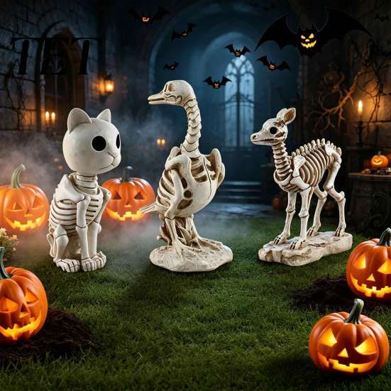 Horror Theme Party Decor Skeleton Animal Statue, Spooky Deer Cat Duck Figurine, Resin Scene Accessories Ornament for Halloween Table Centerpiece,