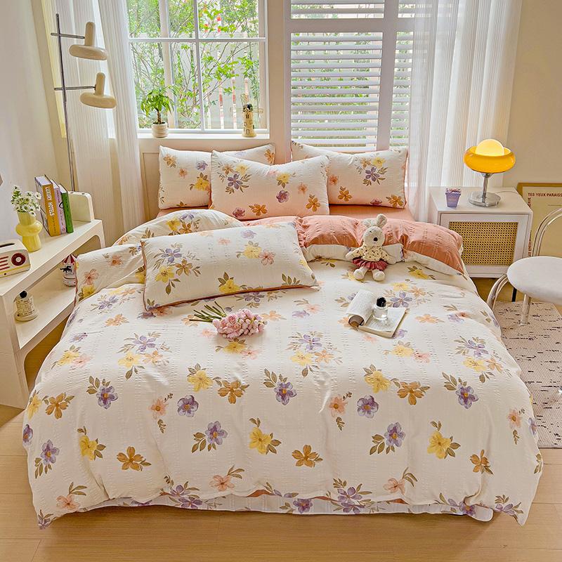 Flowers Bedding Set with Pillowcase Bed Sheet Single Full Size Bed Linen Washed Cotton Duvet Cover Set Queen/King Double Size