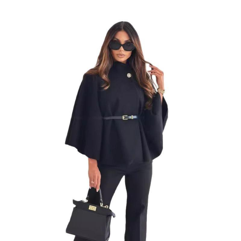 New, winter fashion solid color waist strap woolen cloak jacket women's clothing