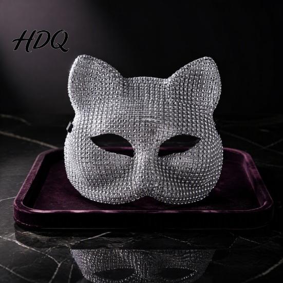 Cosplay Costume Props Full Rhinestone Halloween Mask Sparkling Skull And Cat Face Half Mask Adjustable Elastic Straps for Carnival Theme Dances Shiny