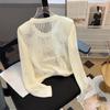 Women's Mesh Hollow Out Knitted Pullover Early Autumn Solid Color Fashion Short Tops Long Sleeve O-neck Casual Sweater