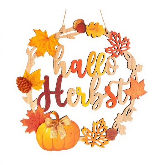 Maple Leaf Pumpkin Ornament Autumn Harvest Wooden Wreath Pendant, Front Door Hanging Ornaments with Hemp Rope, Natural Wood Seasonal Sign Pumpkins