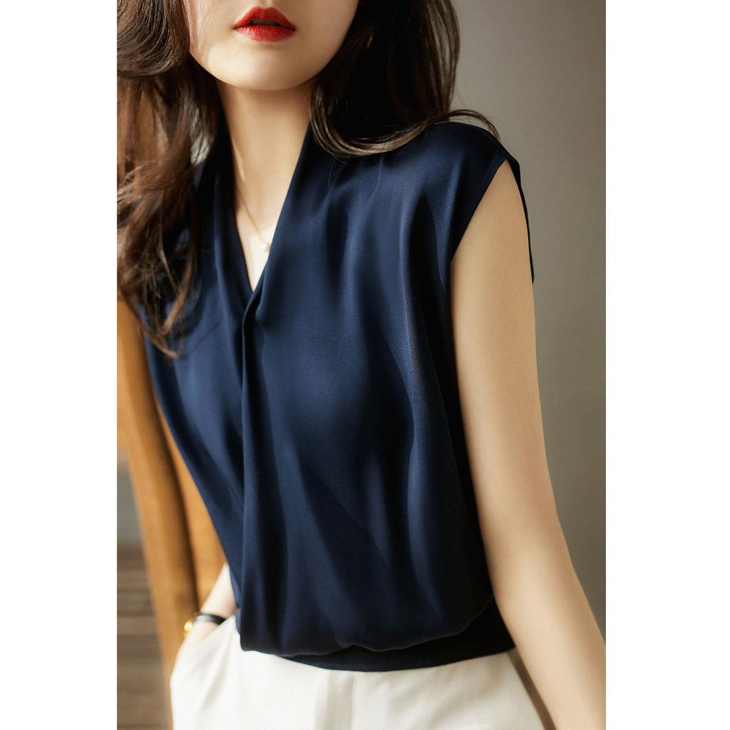 Chiffon Shirt for Women Short-sleeved New Summer Fashionable Overlapping Temperament Small Shirt Solid Color Sleeveless Top for Women Design