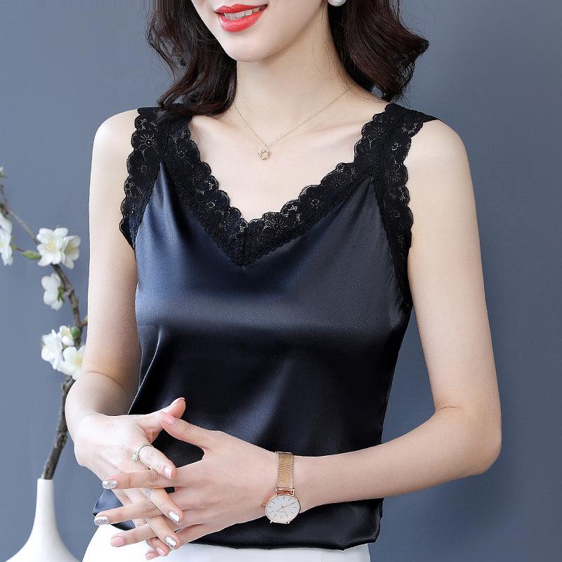 Women's V-Neck Satin Camisole - Sleeveless Black or White Top
