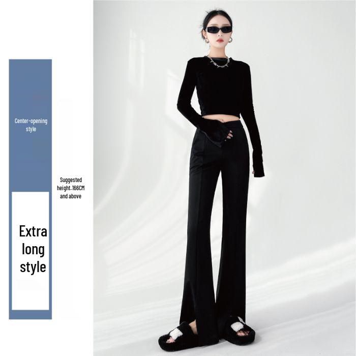 

High Waist Black Slit Micro Flare Pants – Women s Floor-Length, Slimming, Thickened Suit Pants Extra Large