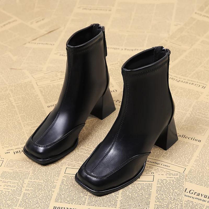 Square Ankle Boots Autumn Comfortable Soft Leather High Heel Boots Women's Fashion Zipper Simple Temperament Women's Shoes