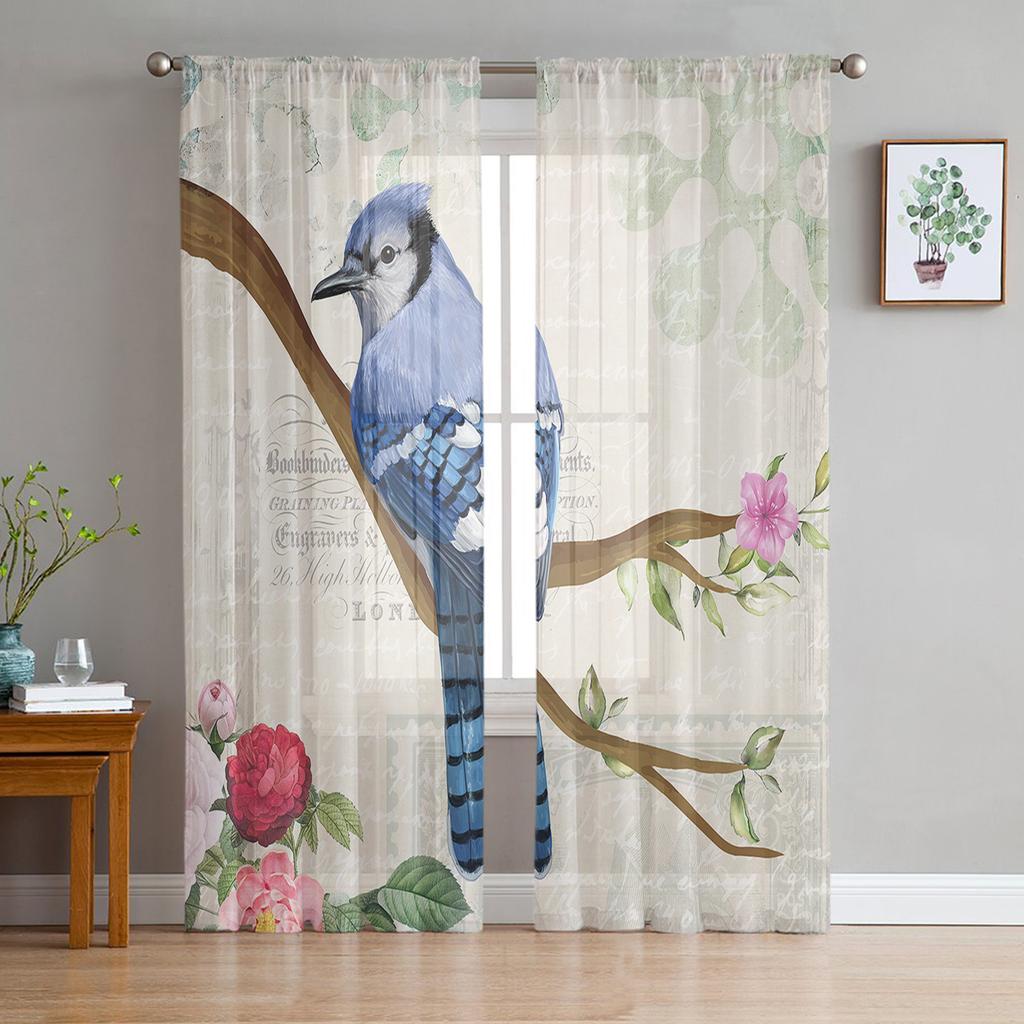 Vintage Flowers And Birds Tulle Curtains for Living Room Bedroom Decoration Transparent Chiffon Sheer Voile Window Curtain