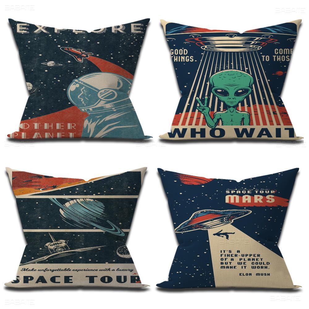 Art Painting Space Retro Alien Travel Landscape Cushion Cover Pillowcase Upholstery Sofa Throw Pillow Home Decor Pillowcas