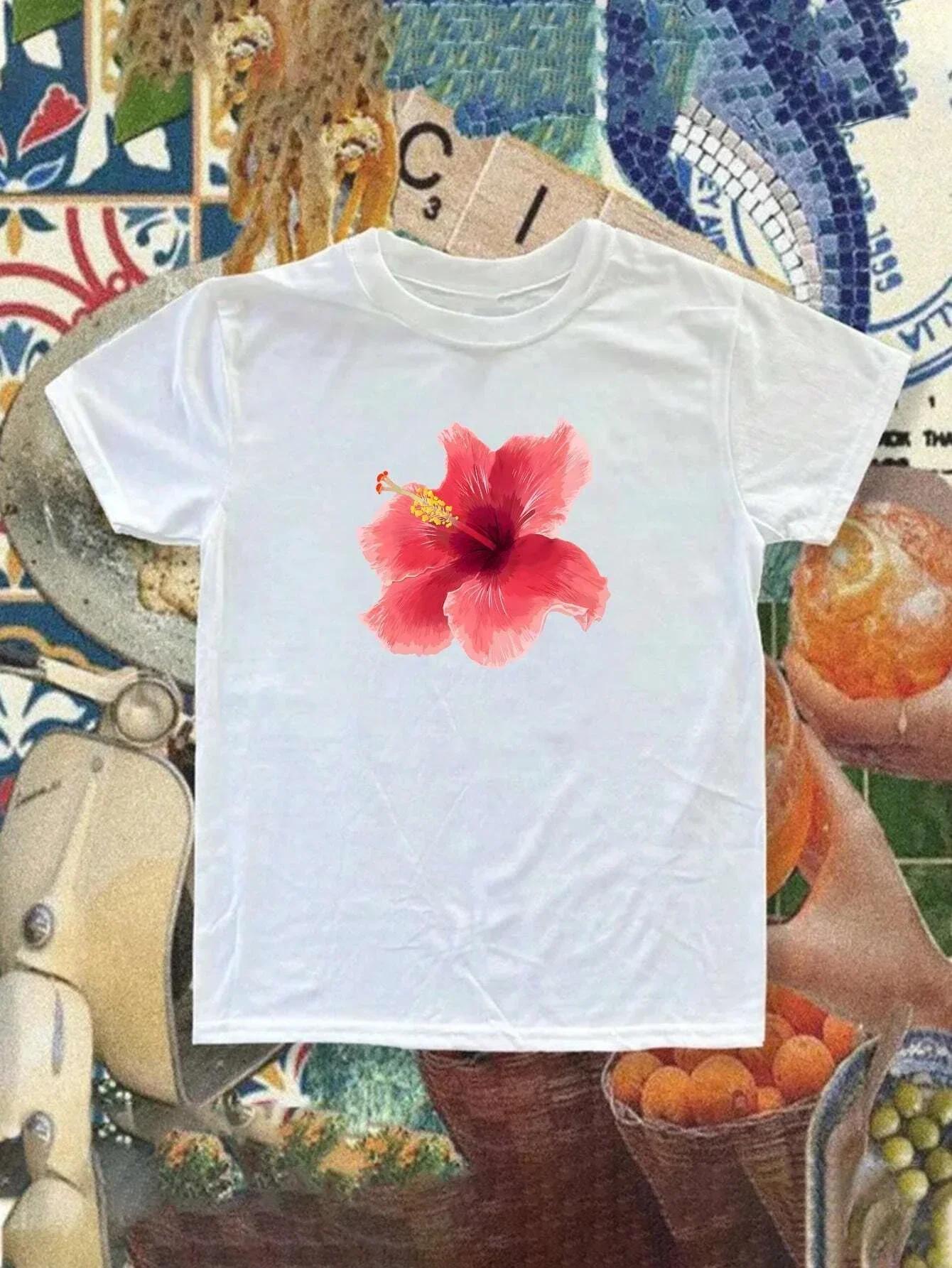 Fashionable Womens Tshirt Harajuku Street Clothing Flower Printed Summer Women Tshirt Polynesian Hibiscus Fashion Tops Tees S