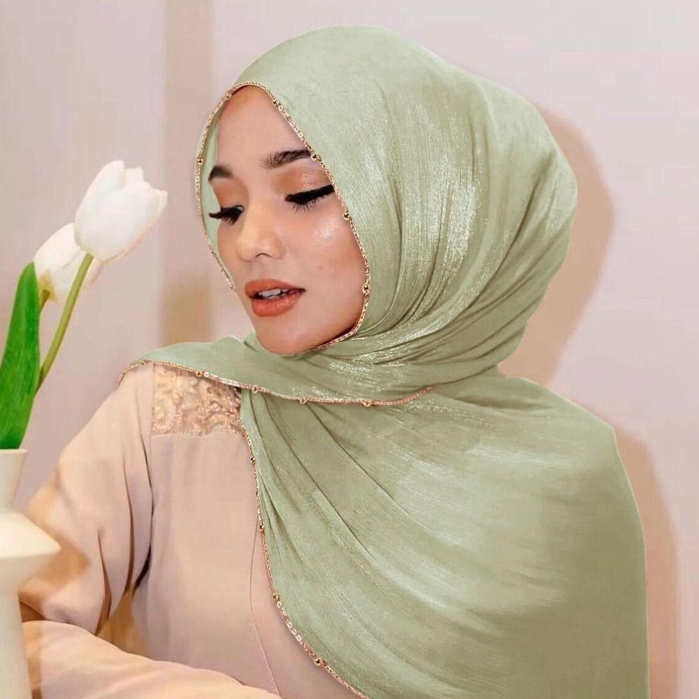 Xale Longo Envolvente com Contas Lenço de Cabeça da Malásia Hijab Elegante Lenço Feminino