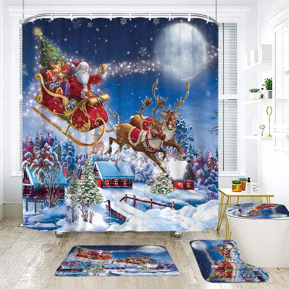 Christmas Elf Shower Curtain Rug Bathroom Set Snowman Fawn Xmas Gift Happy New Year Shower Curtain Set Bathroom Decoration