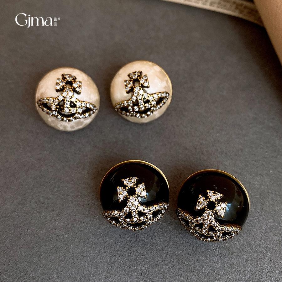 European and American Retro Zircon Saturn Geometric Pearl Earrings Light Luxury Stud Earrings Personalized Earrings Women