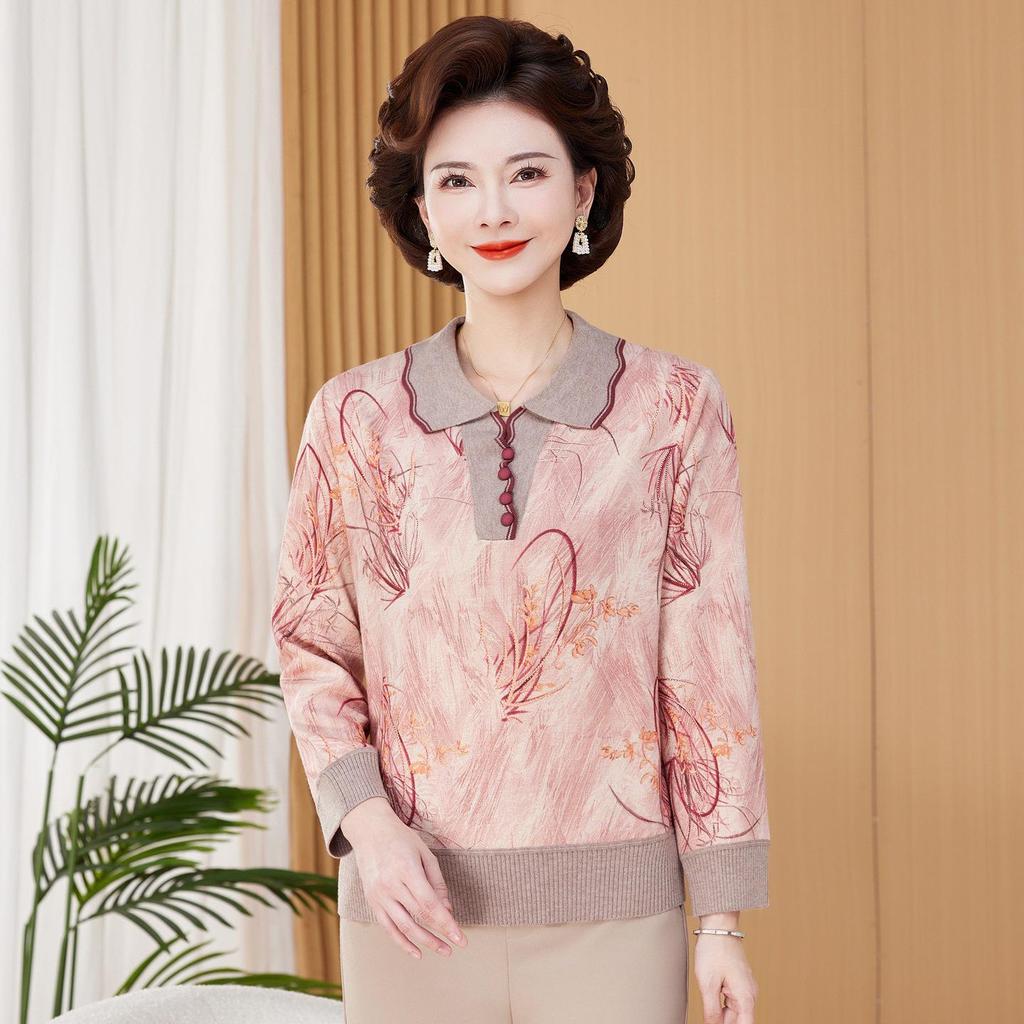 Mother's Spring Long-Sleeve Lapel Top for Middle-Aged Women in 50s-60s