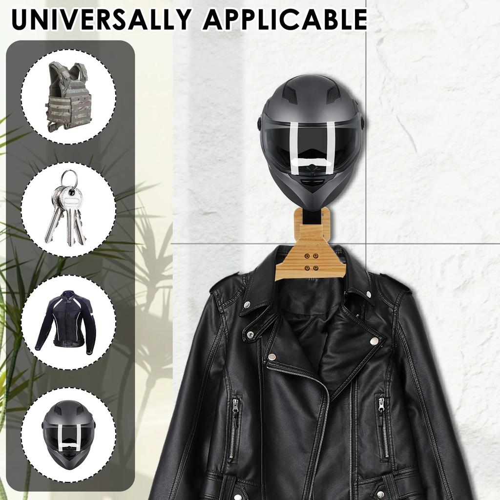 Motorcycle Helmet Rack Wooden Vest Helmet Wall Mount Stand with Hooks 2-In-1 Versatile Motorcycle Helmet Vest Holder for Storage