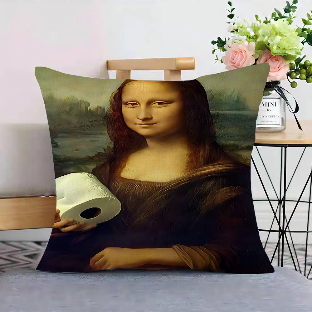 Funny Mona Lisa Wearing Pearls Girl Cushion Cover Pillowcase Upholstery Sofa Throw Pillow Home Decor Pillowcas