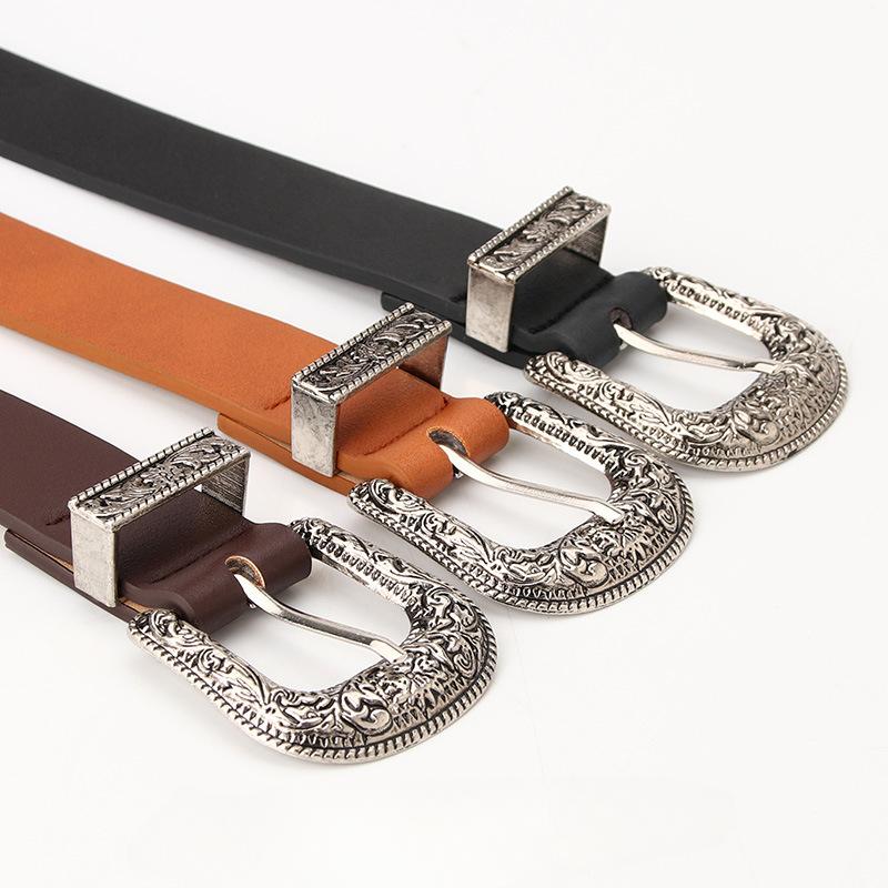 Retro Carve PU Pin Buckle Belt Women Fashion Black Silver Buckle Thin Belts Female Jeans Dress Waistband Brand Design 2025