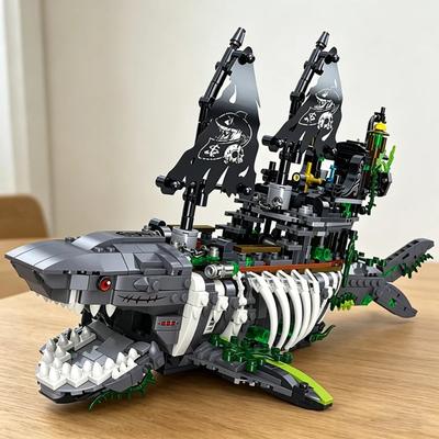 1155PCS Shark Ghost Pirate Ship Building Blocks Fantasy Sea Monster Ship Model Bricks With Light Educational DIY Toy For Adults