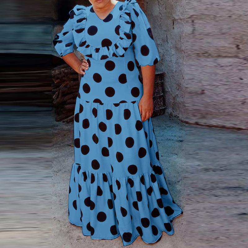 

Женские платья больших размеров с оборками, круглым вырезом и рукавами средней длины в горошек 5XL синий