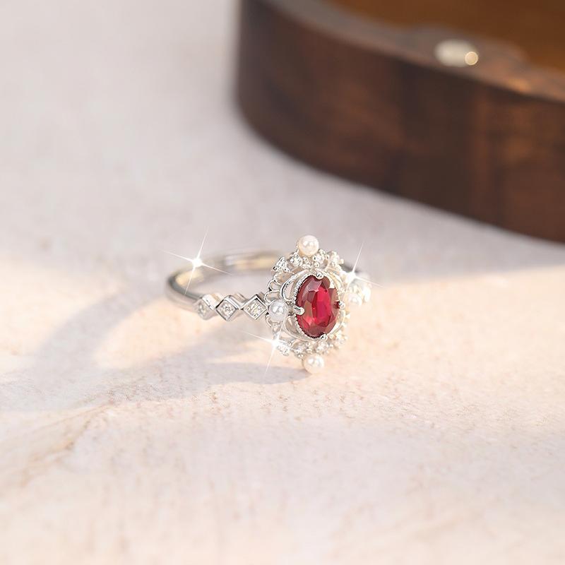 Light Luxury Natural Crystal Stone Bead Opening Ring S925 Sterling Silver Women's Temperament Versatile Snowflake Small Fresh Ring Fashion Gift