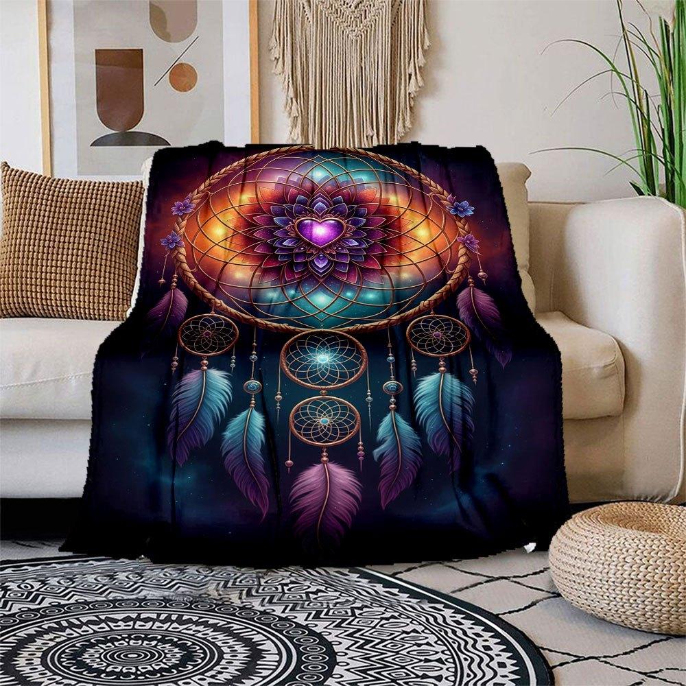 "Bohemian Dreamcatcher Wall Art: Vibrant Feather Mandala Decor"Blanket Flannel Throw Blanket for Sofa, Bed, Travel, Camping, Office, Couch,