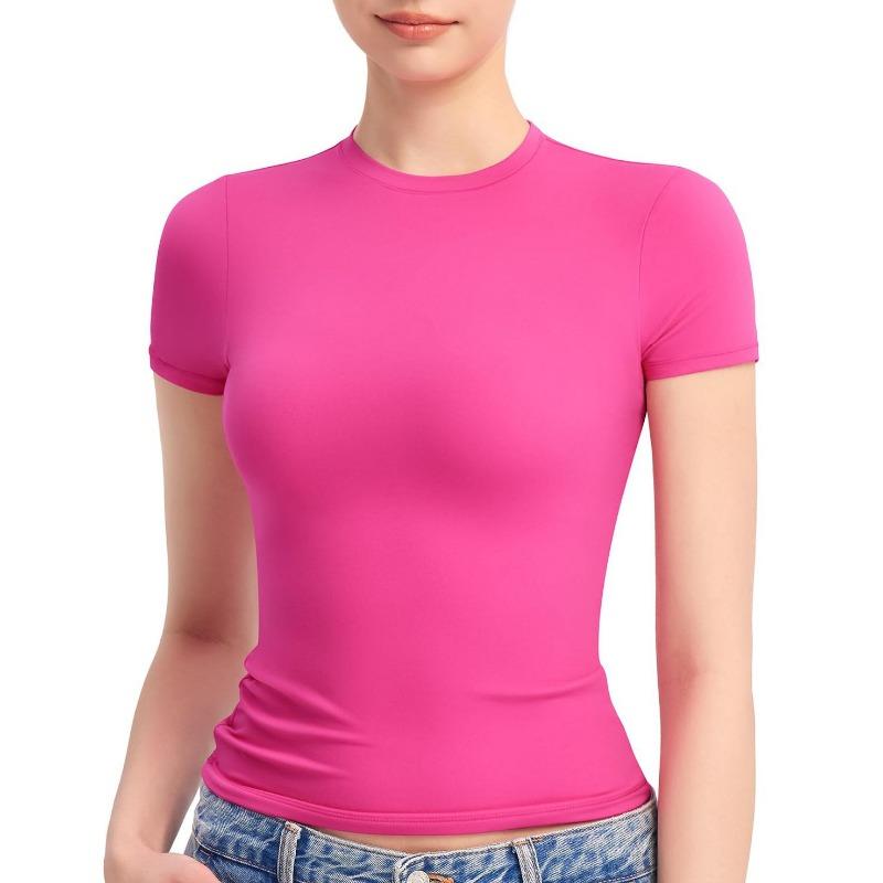 

IHUASU Женские топы с коротким рукавом, летняя плиссированная тонкая футболка XXL розовый