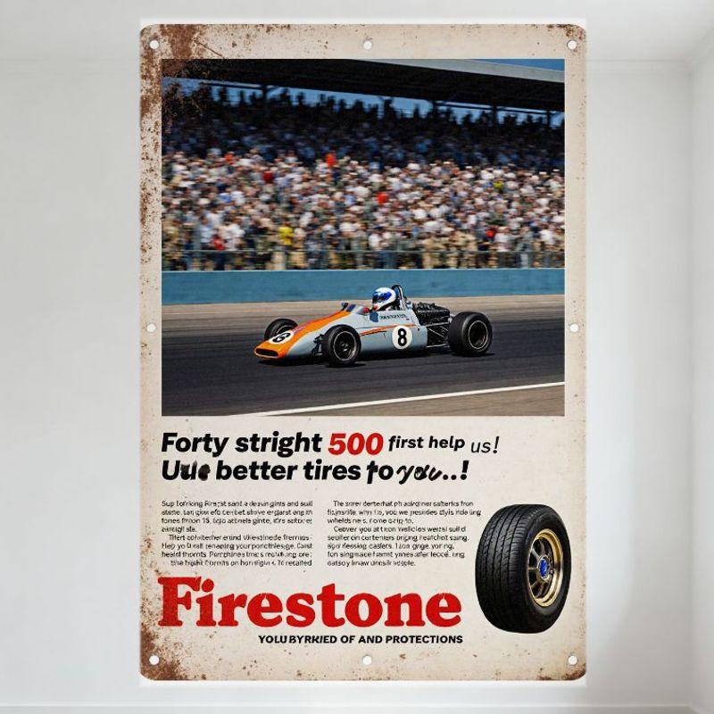 Винтажная металлическая жестяная вывеска Firestone Tire Racing, деревенская, состаренная, гоночная трасса, трибуна, 8 гоночных автомобилей, настенный декор для мужской комнаты, бара, кафе 20x30cm（7.8x11.8inch）