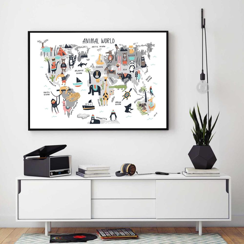 Animal World Map Art Print Nursery Poster Kids Gift Cartoon Canvas Painting Nordic Style Home Decor Wall Picture for Living Room