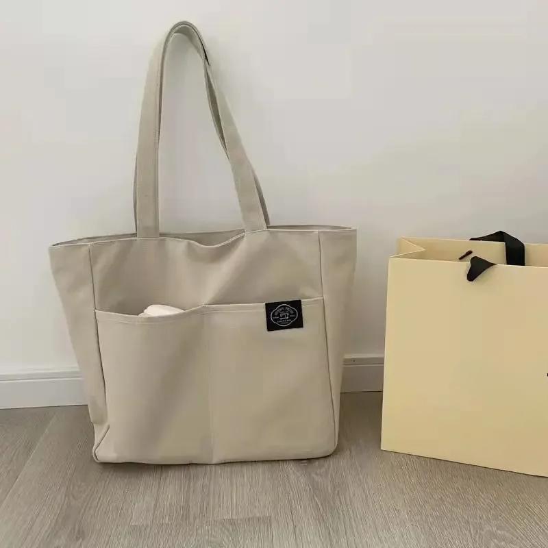 

Женская холщовая сумка-тоут, однотонная дизайнерская женская повседневная сумка через плечо, хлопковая многоразовая сумка для покупок, пляжная сумка бежевый