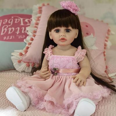 Heiße 22-Zoll-Reborn-Baby-Mädchen-Puppe mit langen braunen Haaren Ganzkörper-Silikon-Vinylspielzeug Realistische Prinzessin Bebe